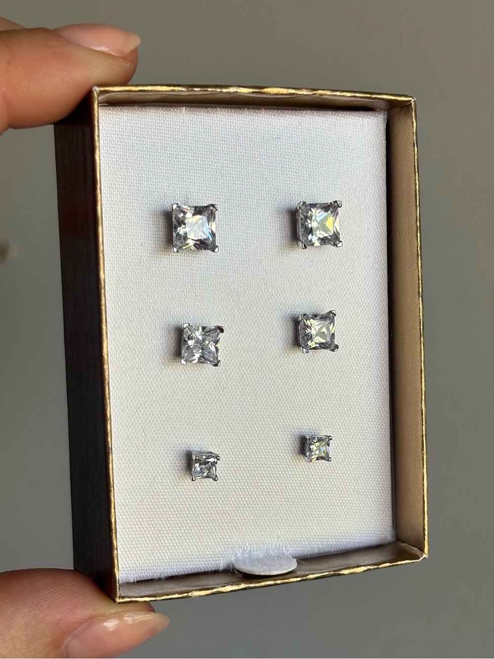 Square “diamond” earrings sterling silver stud trio NOT REAL DIAMONDS